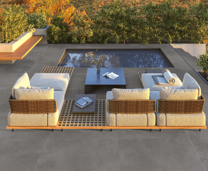 a patio with a pool and a couch