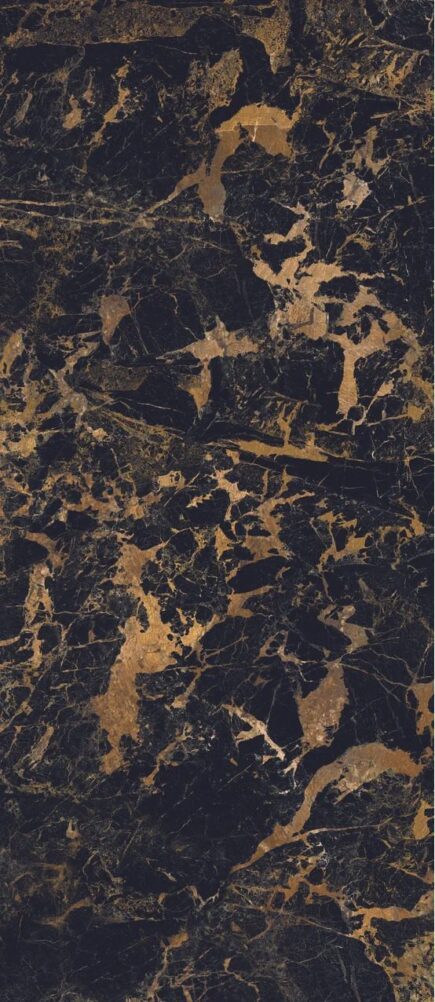 Black Gold Porcelain Slab with marble-like black background and gold veining.